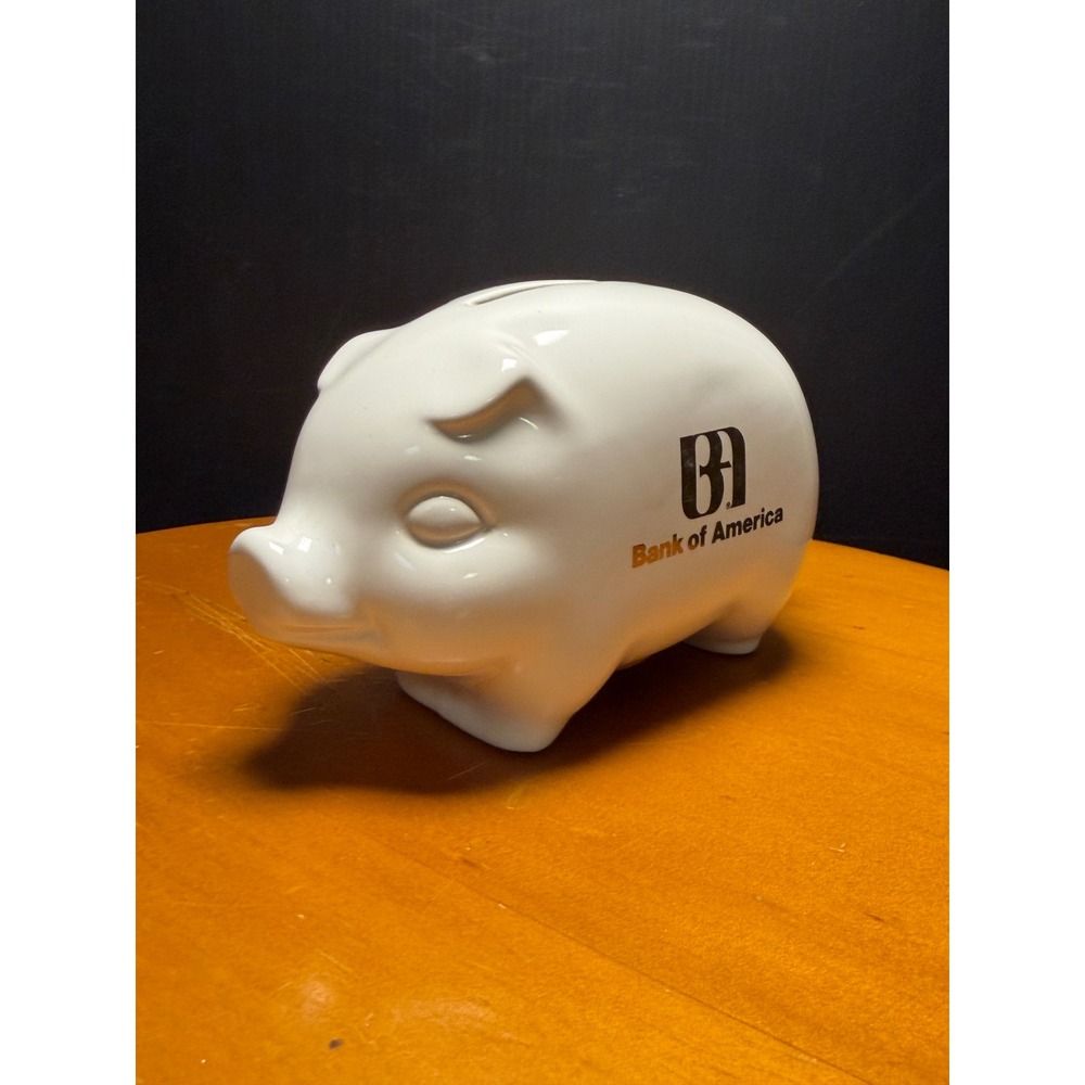 Vintage Bank of America White Ceramic Piggy Bank Gold Logo Collectible USA Made